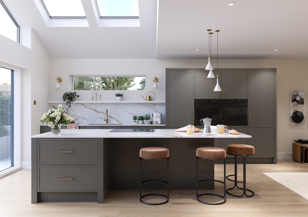 open plan kitchen with a cashmere and lava colour